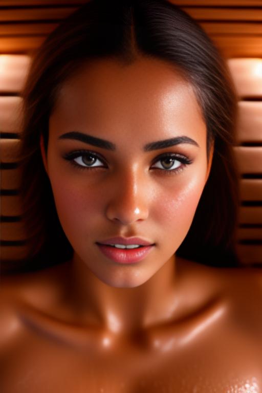 Image: Female Moroccan top model  face eyes extreme close up shot  wet kneeling in massage sauna nude shot from above  sperm in face