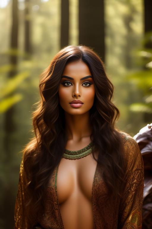Image: A sexy Moroccan top model face focus on a big sunny fantastic forest with monsters  in background