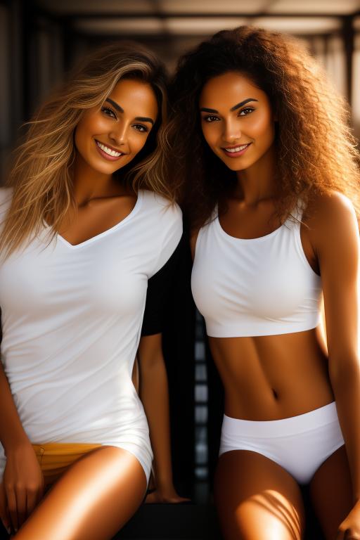 Image: two woman top models cudling touching   tanned Art Style bestquality hyperdetailed ultradetailed Ethnicity Moroccan  Camera  face closeup   hair long laughing squash court  sitting nice legs black or white tshirt