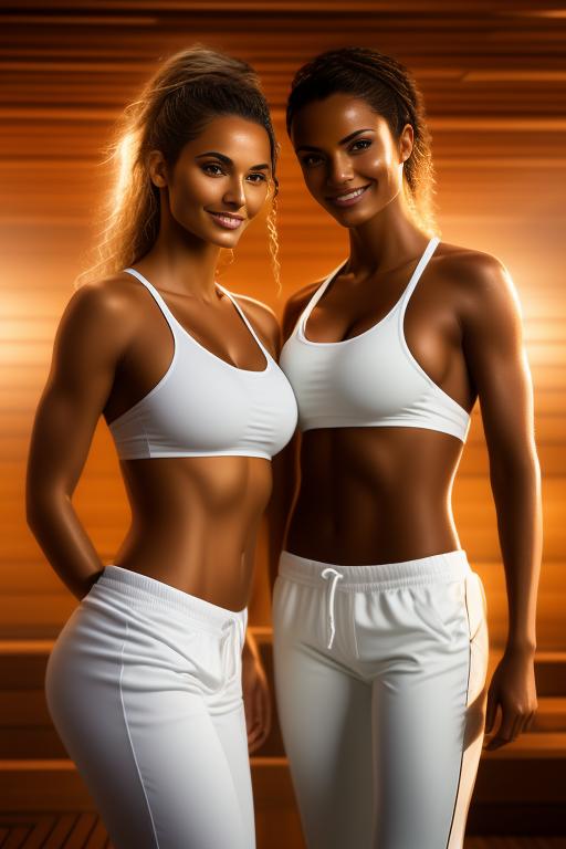 Image: two woman top model tanned Art Style bestquality camera closeup hyperdetailed ultradetailed Ethnicity Moroccan   sauna  black or white sports apparel joggers  smiling