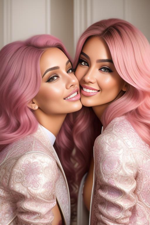 Image: Hair Color pastelPink Ethnicity Moroccan Art Style bestquality hyperdetailed ultradetailed Nsfw nsfw Nbrmodels Two top models Dressqty open whitejacket smiling  face close up kissing on four legs