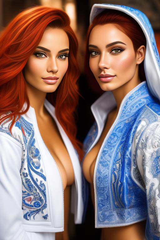 Image: Hair Color blue and red Ethnicity Moroccan Art Style bestquality hyperdetailed ultradetailed Nsfw nsfw Nbrmodels Two top models Dressqty open whitejacket smiling  face close up