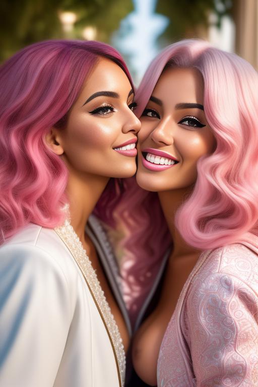 Image: Hair Color pastelPink Ethnicity Moroccan Art Style bestquality hyperdetailed ultradetailed Nsfw nsfw Nbrmodels Two top models Dressqty open whitejacket smiling  face close up kissing