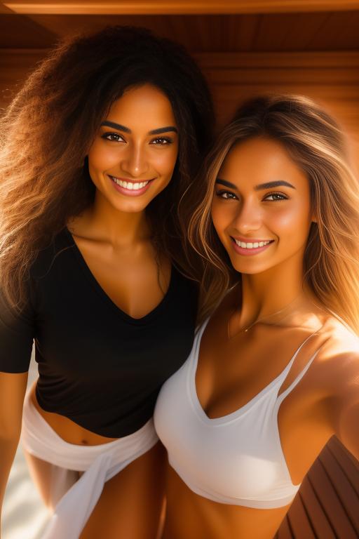 Image: two woman top models cudling touching   tanned Art Style bestquality hyperdetailed ultradetailed Ethnicity Moroccan  Camera  face closeup   hair long laughing sauna nice legs black tshirt white panties