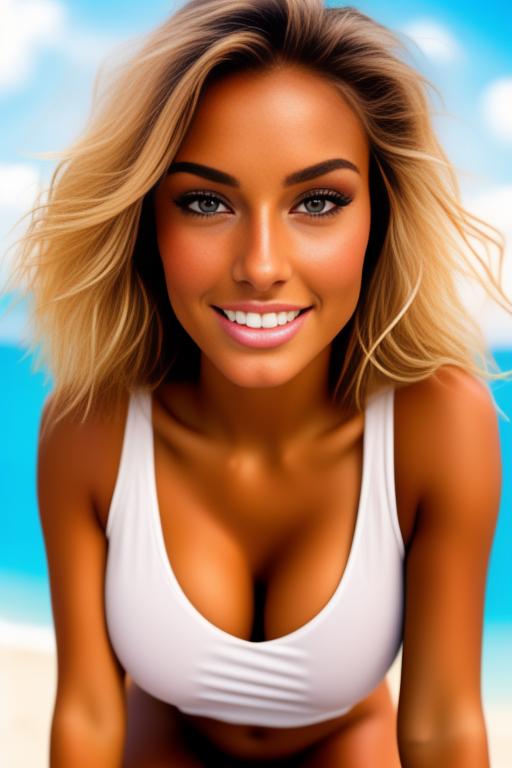 Image: beauty fully tanned sexy top model on the sunny beach sexy look in the eyes softsmile  kneeling  face close up  spreading legs stretch shot from below close up focus tshirt