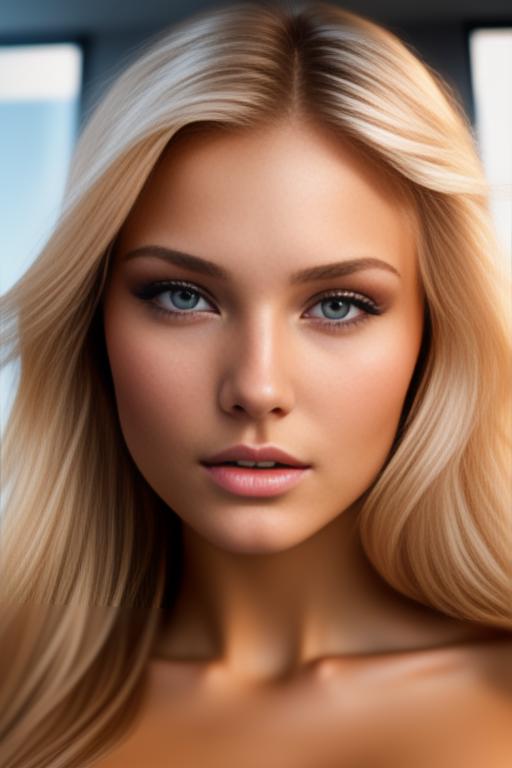 Image: russian blonde top model next to gaming pc from above face extreme closeup nude fingers