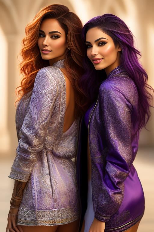 Image: Hair Color purple Ethnicity Moroccan Art Style bestquality hyperdetailed ultradetailed sfw sfw Nbrmodels Two top models Dressqty open jacket smiling   body close up from behind
