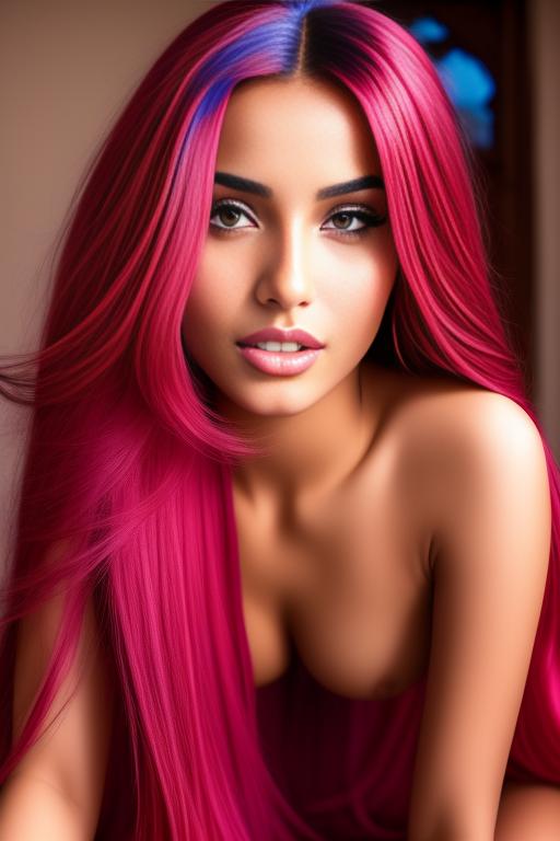 Image: moroccan sexy top models close up  blue and red long hair  bonde and pink long hair  open sexy vest hot lips no underwear kneeling close face shot from under beneath her
