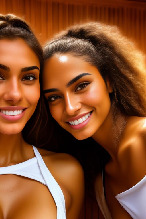 Image: two woman top model tanned Art Style bestquality camera shot face extreme closeup hyperdetailed ultradetailed Ethnicity Moroccan   sauna  white sports apparel  smiling holding touching dressshirtliftv309 shirtlift artStylebestquality hyperdetailed ultradetailed nsfwnsfw