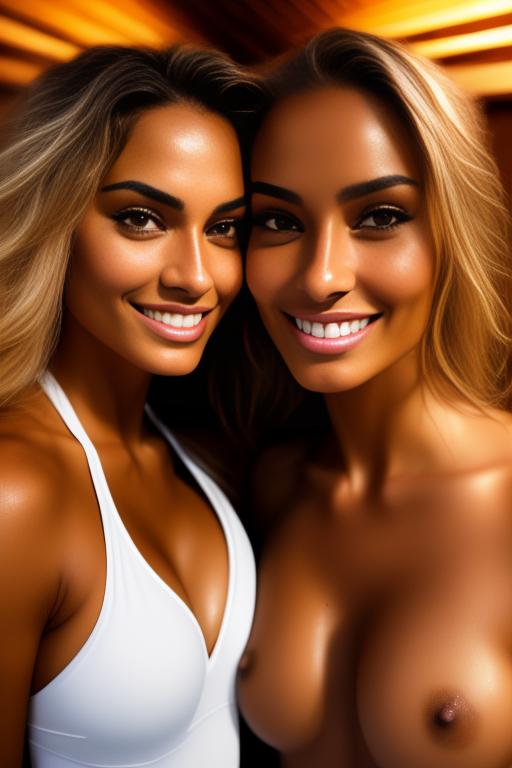 Image: two woman top model tanned Art Style bestquality camera shot face extreme closeup hyperdetailed ultradetailed Ethnicity Moroccan   sauna  white sports apparel  smiling holding touching  artStylebestquality hyperdetailed ultradetailed nsfwnsfw dressshirtliftv304 shirtlift
