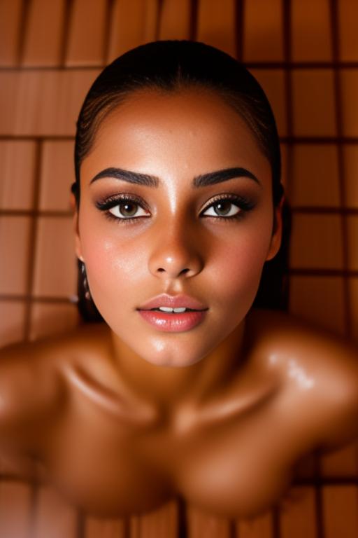 Image: Female Moroccan top model  eyes close up   wet kneeling in  sauna nude shot from above  sperm in face