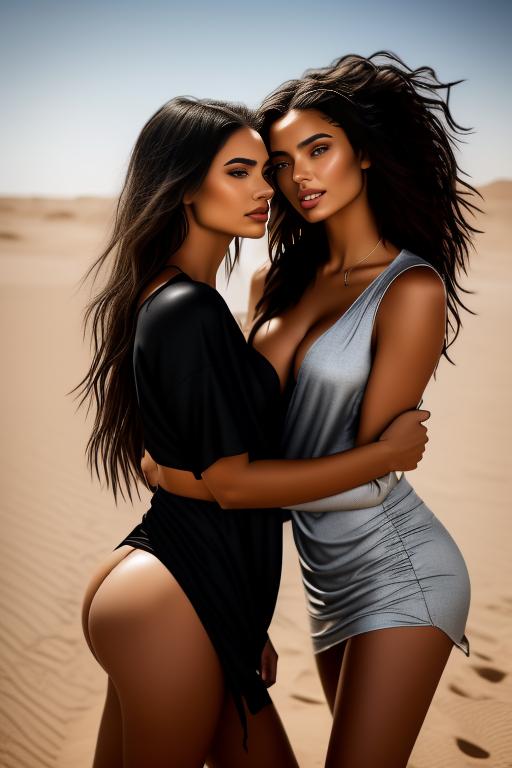 Wearing torn open black tshirt, , eyes, smiling,ass and tits , two top models, kissing in the sand,, nbr_models_two Two Top Models, ethnicity_moroccan Moroccan, dress_shirt_tug Shirt Tug, background_desert Desert, art_style_hyper_detailed Hyper Detailed, camera_close_up Close-Up, <dress_shirt_tug:0.1>