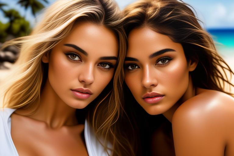 two naked top models, kneeling on tropical beach, ethnicity  is Caucasian and Moroccan, Hyper Detailed, face extreme close-up view, topless (tshirt shirt lift), long legs, nbr_models_one One Top Model, dress_shirtlift Shirtlift, art_style_hyper_detailed Hyper Detailed, <dress_shirtlift:0.0>, they are kissing and hugging, moroccan babe, nbr_models_one One Top Model, nbr_models_two Two Top Models, art_style_hyper_detailed Hyper Detailed, camera_extreme_close_up Extreme Close-Up, camera_face_close_up Face Close-Up