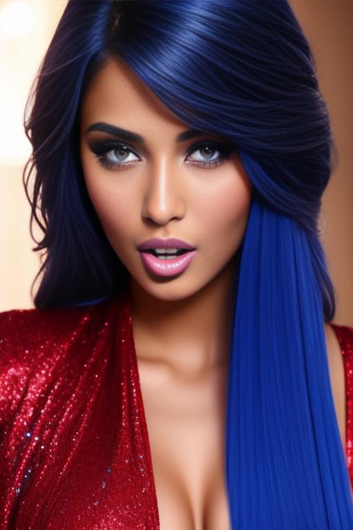 Image: two  moroccan sexy top models close up  blue and red long hair open sex vest hot mouth