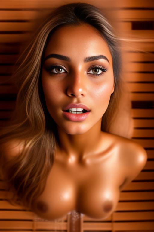 Image: Female Moroccan top model  face close up   kneeling in  sauna nude shot from above  open mouth dry hair covered sperm beautiful eyes