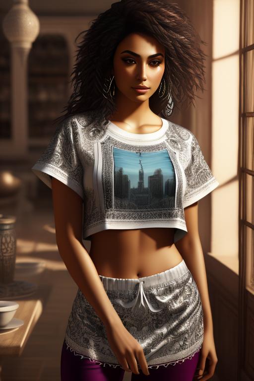 Image: Art Style bestquality hyperdetailed ultradetailed Ethnicity Moroccan Dressqty wearing pants shirttug1 shirt tug sexy tshirt Camera closeup