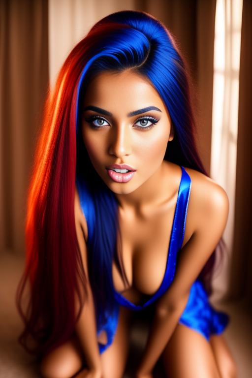 Image: two  moroccan sexy top models close up  blue and red long hair open sexy vest hot mouth no underwear kneeling close face shot from above