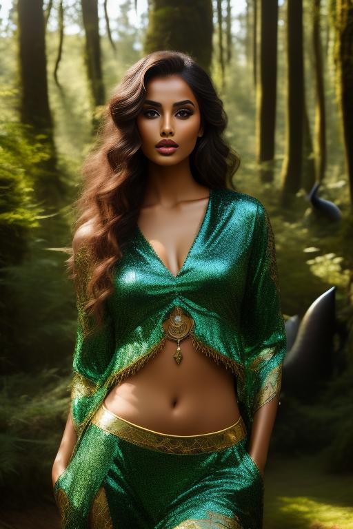 Image: A sexy Moroccan top model in a big sunny fantastic pheeric forest with monsters  in background  fantasy