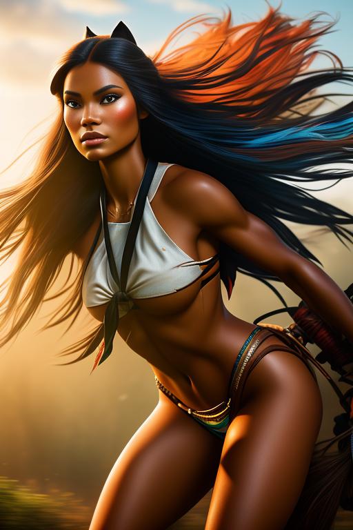 Pocahontas Disney , chasing with bow , riding horse, legs, torn open clothes, nbr_models_one One Top Model, art_style_hyper_detailed Hyper Detailed, camera_close_up Close-Up