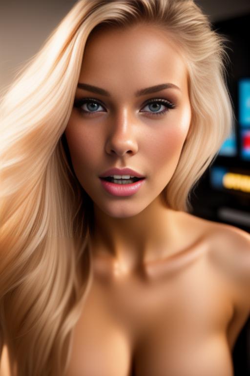 Image: russian blonde top model next to gaming pc  from above faceextremecloseup hot  shy teasing nude biting lips