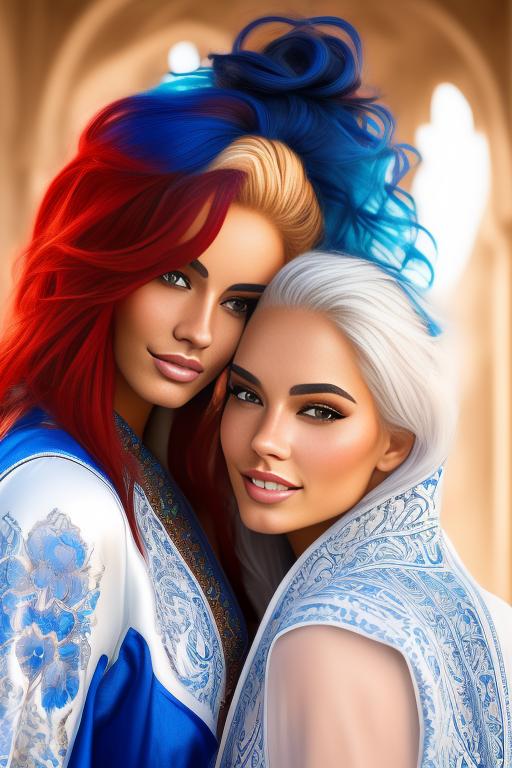 Image: Hair Color blue and red Ethnicity Moroccan Art Style bestquality hyperdetailed ultradetailed Nsfw nsfw Nbrmodels Two top models Dressqty open whitejacket smiling  face close up