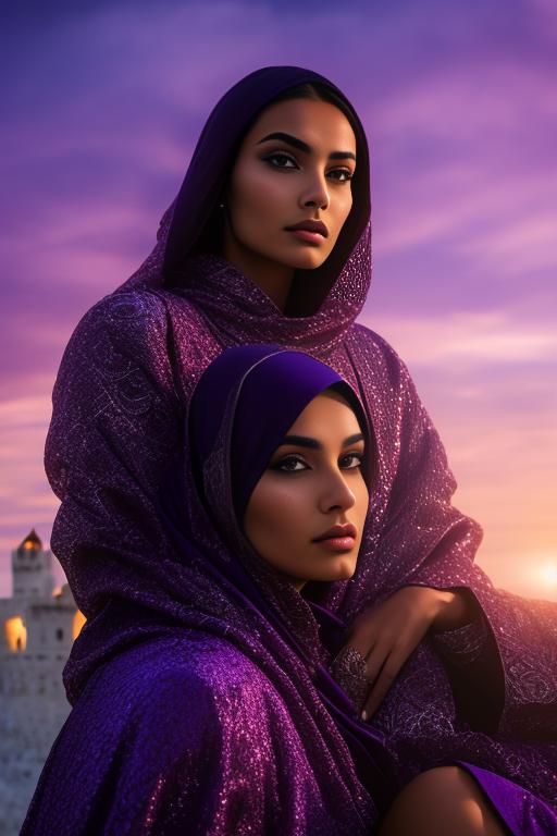 Image: two moroccan top models purple sky castle fantasy extreme closeup