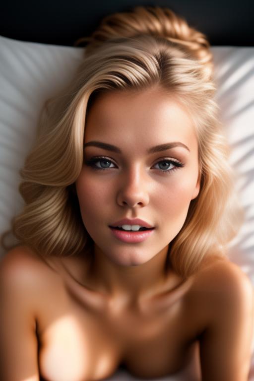 Image: russian blonde top model next to gaming pc  from above closeup hot  nude biting lips laying down on back in bed spreading legs closing eyes
