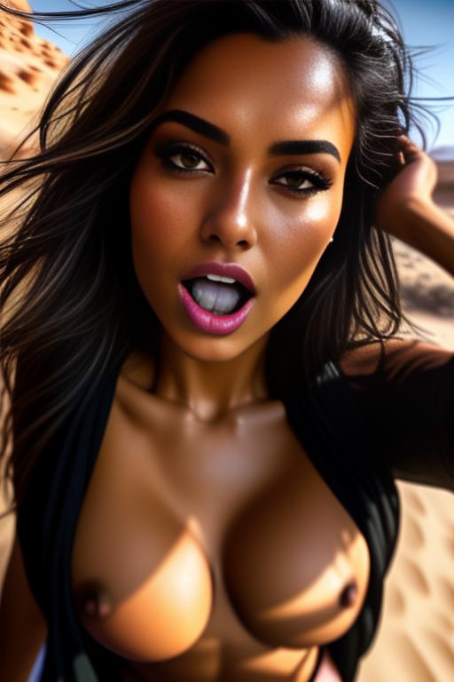Wearing torn open black tshirt, , eyes,  female top models,( camera shot from above, from the sky downwards), (face extreme close-up ), arms up, (big round sucking open happy mouth) tongue, nbr_models_one One Top Model, ethnicity_moroccan Moroccan, dress_shirtlift Shirtlift, background_desert Desert, art_style_hyper_detailed Hyper Detailed, camera_close_up Close-Up, <dress_shirtlift:0.0>