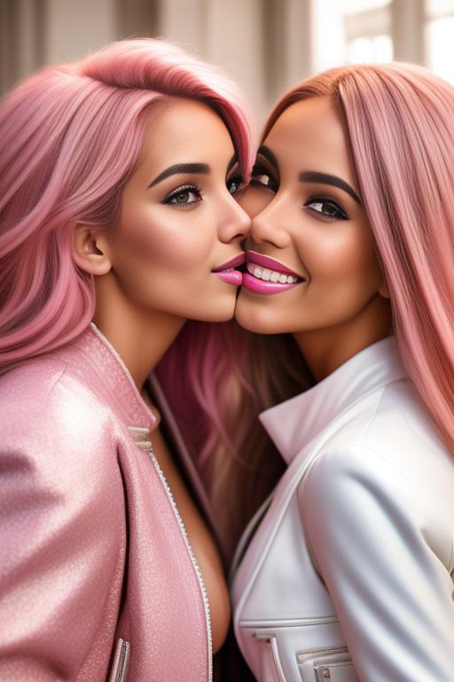 Image: Hair Color pastelPink Ethnicity Moroccan Art Style bestquality hyperdetailed ultradetailed Nsfw nsfw Nbrmodels Two top models Dressqty open whitejacket smiling  face close up kissing masturbating