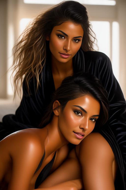 Image: two woman top models cudling touching cumming  tanned Art Style bestquality hyperdetailed ultradetailed Ethnicity Moroccan nude Camera   extreme closeup  teasing mouth  in bed hair long laughing wet massage   black bathrobe
