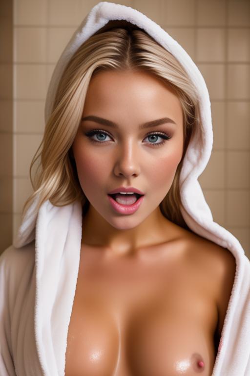 Image: two three russian blondes top models  face closeup from close below boobps fuck in bath   soap  wearing open bathrobe open mouth