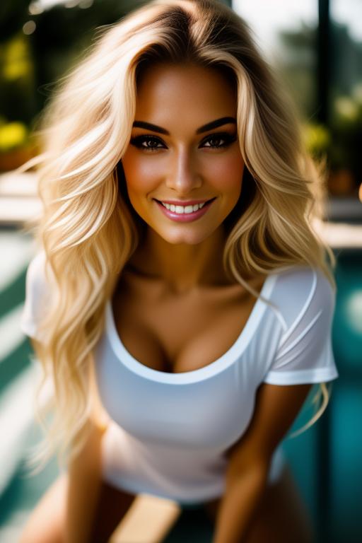 Image: Blonde  kneeling camera from above  nbrmodelsone One Top Model ethnicitycaucasian Caucasian dresstransparenttshirt Transparent TShirt positionsmiling Smiling positionkissing Kissing positionteasing Teasing backgroundgarden Garden artstylehyperdetailed Hyper Detailed cameraextremecloseup Extreme CloseUp camerafaceextremecloseup Face Extreme CloseUp