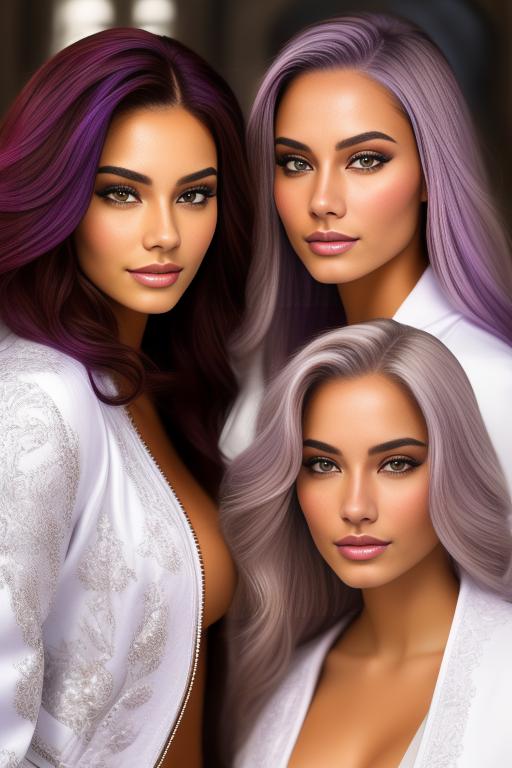 Image: Hair Color purple Ethnicity Moroccan Art Style bestquality hyperdetailed ultradetailed Nsfw nsfw Nbrmodels Two top models Dressqty open whitejacket smiling  face close up