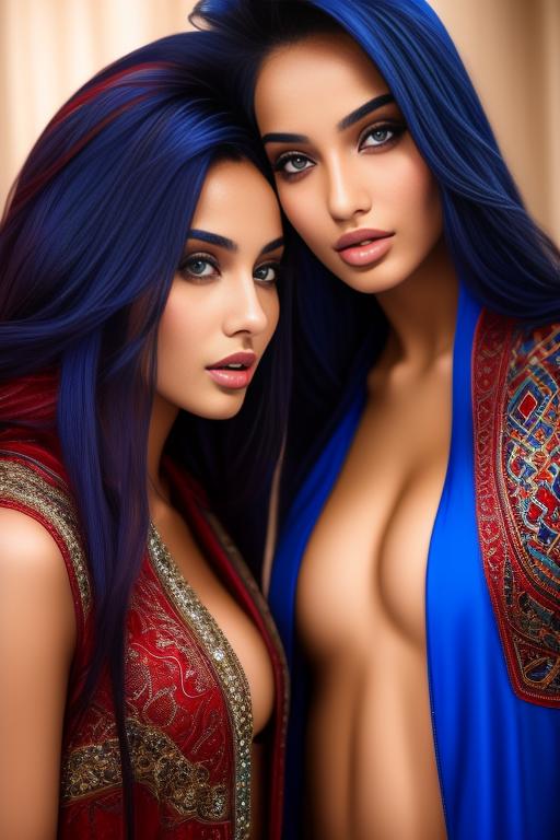 Image: two  moroccan sexy top models close up  blue and red long hair open vest teasing