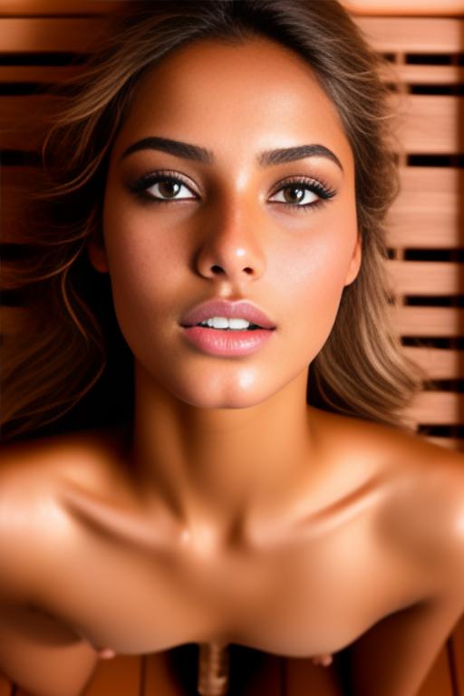 Image: Female Moroccan top model  face close up   kneeling in  sauna nude shot from above  open mouth dry hair covered sperm beautiful eyes