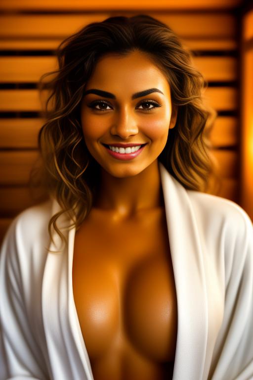 Image: one woman top model tanned Art Style bestquality camera shot face extreme closeup hyperdetailed ultradetailed Ethnicity Moroccan  sauna  white open bathrobe  smiling holding touching positionTitfuckRealistic03 1 boy penis titfuck
