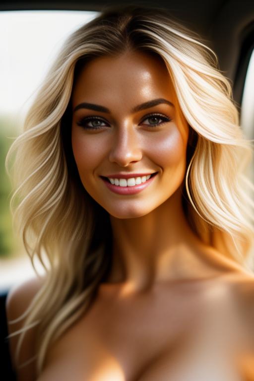 Image: blonde  nbrmodelsone One Top Model ethnicitycaucasian Caucasian dressnaked Naked positionsmiling Smiling backgroundcar Car backgroundgarden Garden artstylehyperdetailed Hyper Detailed cameracloseup CloseUp cameraextremecloseup Extreme CloseUp camerafacecloseup Face CloseUp