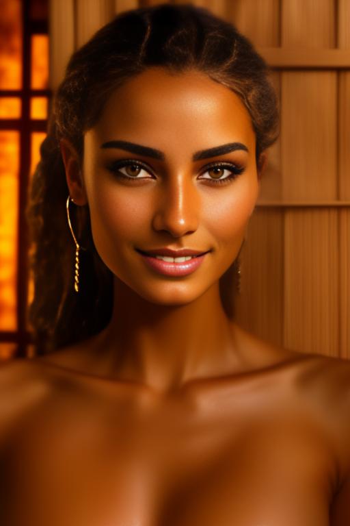 Image: woman top model tanned Art Style bestquality hyperdetailed ultradetailed Ethnicity Moroccan  Camera face extreme closeup hair flong  sauna smile  positionMissionaryVaginalv205 missionary vaginal