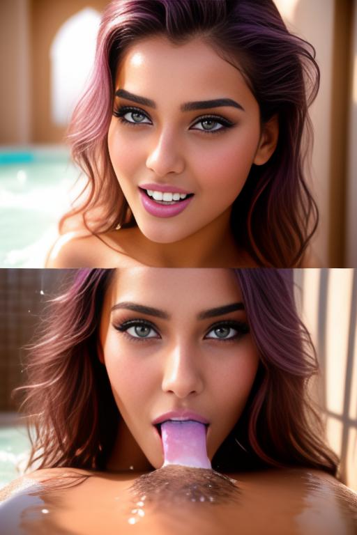 Image: two moroccan adults top models  goergeous eyes beautifull hair top model face and hair face extreme close up shot in purple bath seduced look wet moaning open mouth smile  happy  cum in face wet wet
