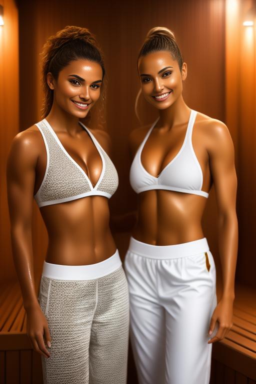Image: two woman top model tanned Art Style bestquality camera closeup hyperdetailed ultradetailed Ethnicity Moroccan   sauna  white sports apparel pants wet top transparent  smiling holding touching sfw