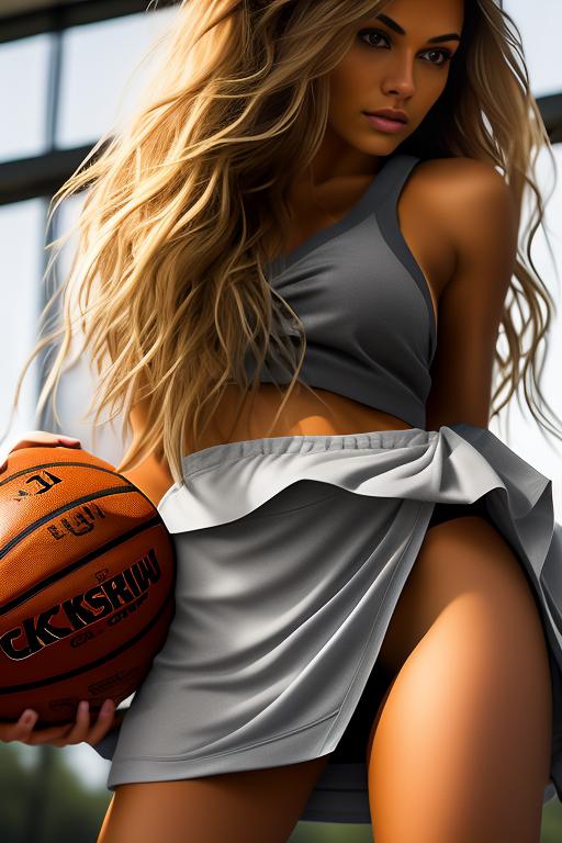 Playing basketball, female , sexy blonde , leggings , torn basket clothes , nbr_models_three Three Top Models, ethnicity_caucasian Caucasian, dress_skirtlift Skirtlift, art_style_hyper_detailed Hyper Detailed, camera_close_up Close-Up, <dress_skirtlift:0.0>