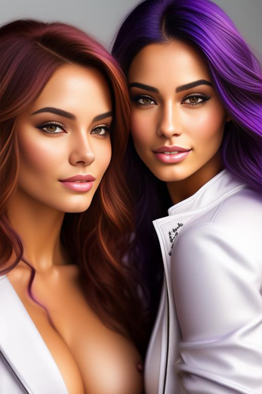 Image: Hair Color purple Ethnicity Moroccan Art Style bestquality hyperdetailed ultradetailed Nsfw nsfw Nbrmodels Two top models Dressqty open whitejacket smiling  face close up