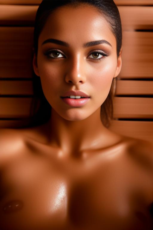Image: Female Moroccan top model  face close up   kneeling in  sauna nude shot from above  sperm in face