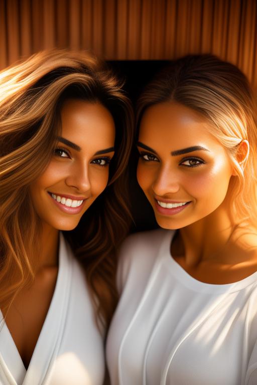 Image: two woman top models cudling touching  tanned Art Style bestquality hyperdetailed ultradetailed Ethnicity Moroccan  Camera face closeup hair long color laughing sauna towel sitting  white tshirt joggings