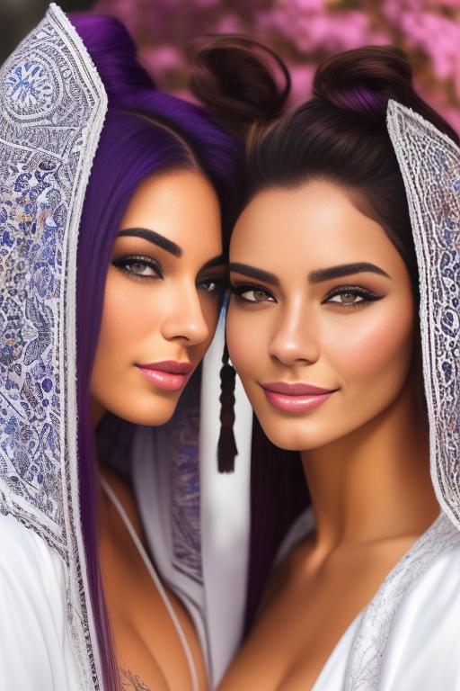 Image: Hair Color purple Ethnicity Moroccan Art Style bestquality hyperdetailed ultradetailed Nsfw nsfw Nbrmodels Two top models Dressqty open whitejacket smiling  face close up