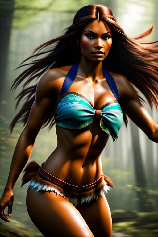 Pocahontas Disney , chasing with bow , fighting with bear, legs, torn open clothes, nbr_models_one One Top Model, art_style_hyper_detailed Hyper Detailed, camera_close_up Close-Up