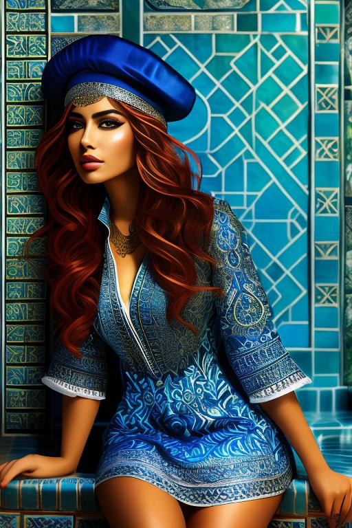 Image: ethnicityMoroccan artStylebestquality hyperdetailed ultradetailed  hairColorelectricBlue dresswearing hat positionposing dressshirttug1 shirt tug backgroundHot tub