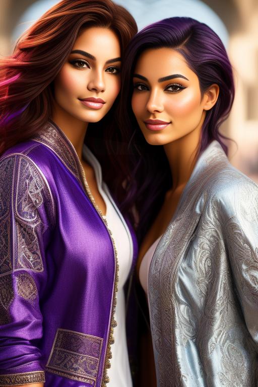 Image: Hair Color purple Ethnicity Moroccan Art Style bestquality hyperdetailed ultradetailed sfw sfw Nbrmodels Two top models Dressqty open jacket smiling  face close up