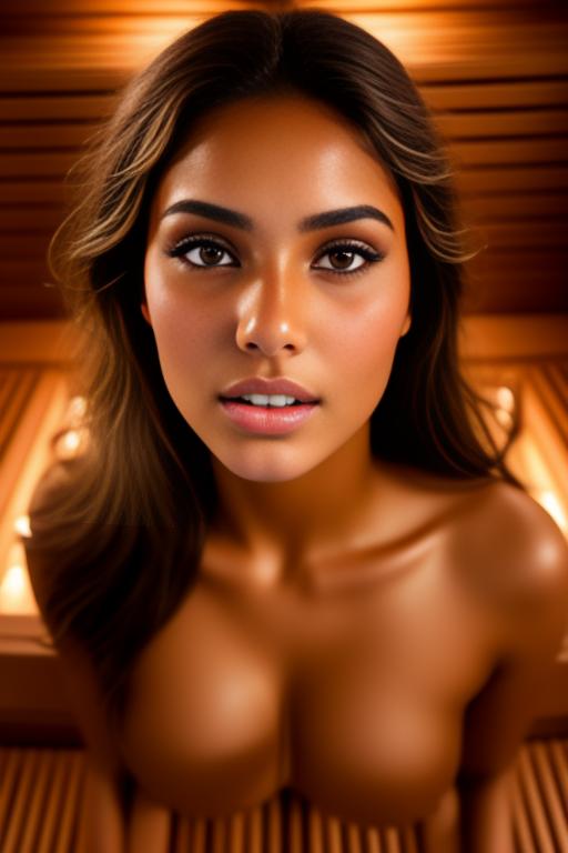 Image: Female Moroccan top model  face close up   kneeling in  sauna nude shot from above  open mouth dry hair covered sperm beautiful eyes