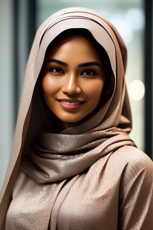 Image: Indonesian woman with keen eye small lips sharp nose and wearing hijab Her skin color os light she doesnt wear anything and smiling nbrmodelsone One Top Model ethnicitycaucasian Caucasian artstylehyperdetailed Hyper Detailed cameracloseup CloseUp